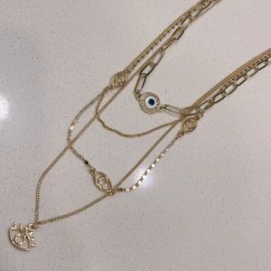 NWT Faux Gold Evil Eye Layering Necklace Set with Stud Earrings